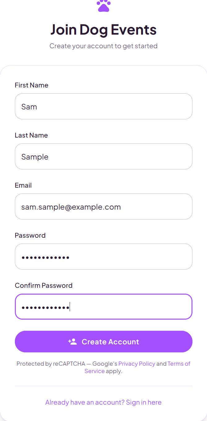 The Join Dog Events registration form with first name, last name, email, password and confirm password fields
