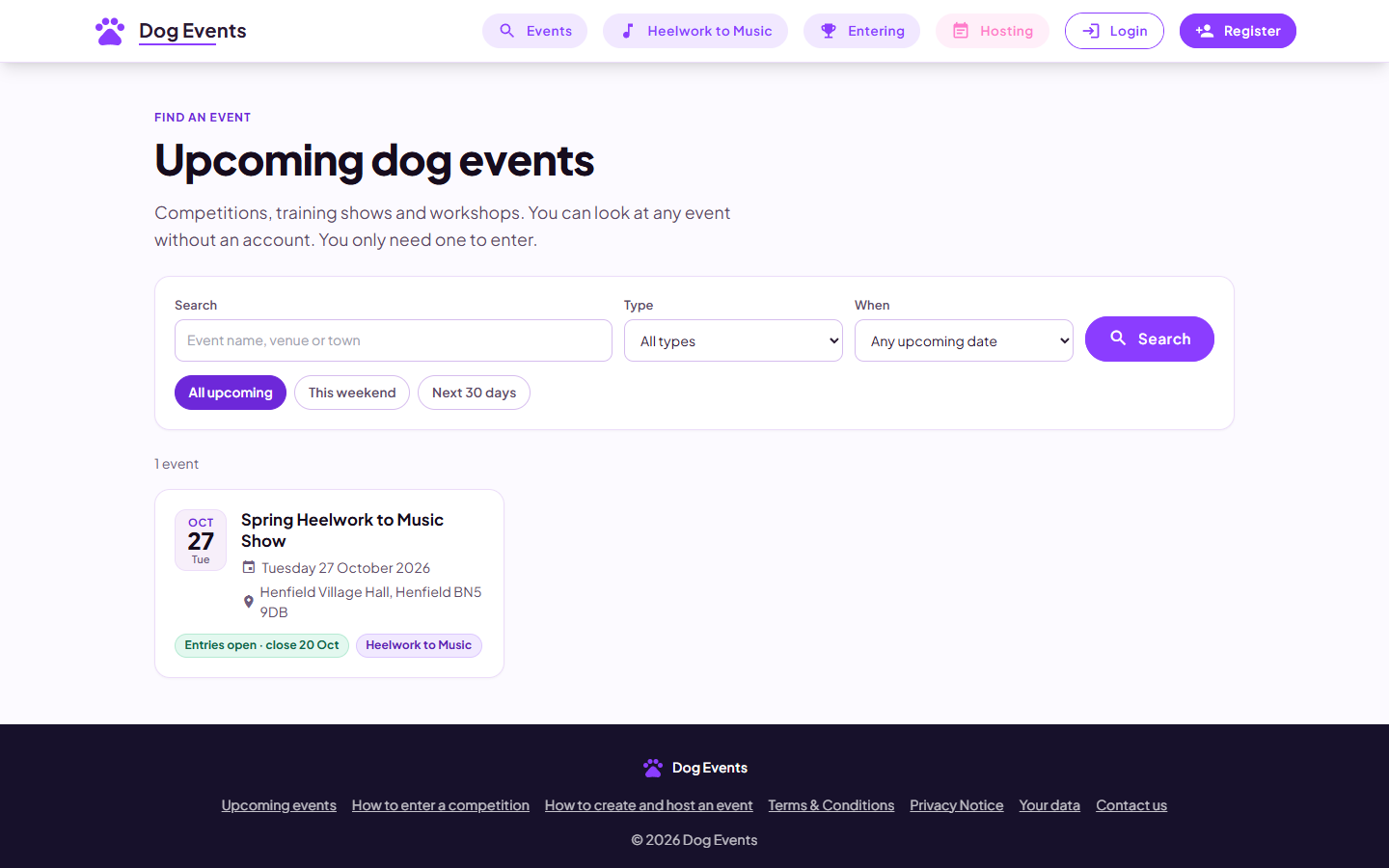 The Upcoming dog events page with a search box, type and date filters, quick filter buttons and a grid of event cards