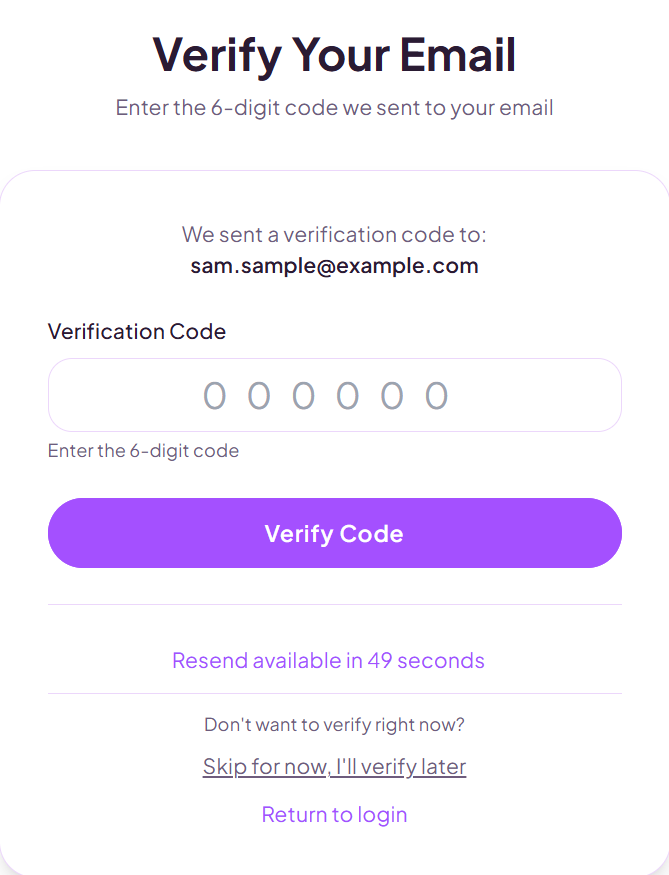 The Verify Your Email page showing a six-digit verification code field