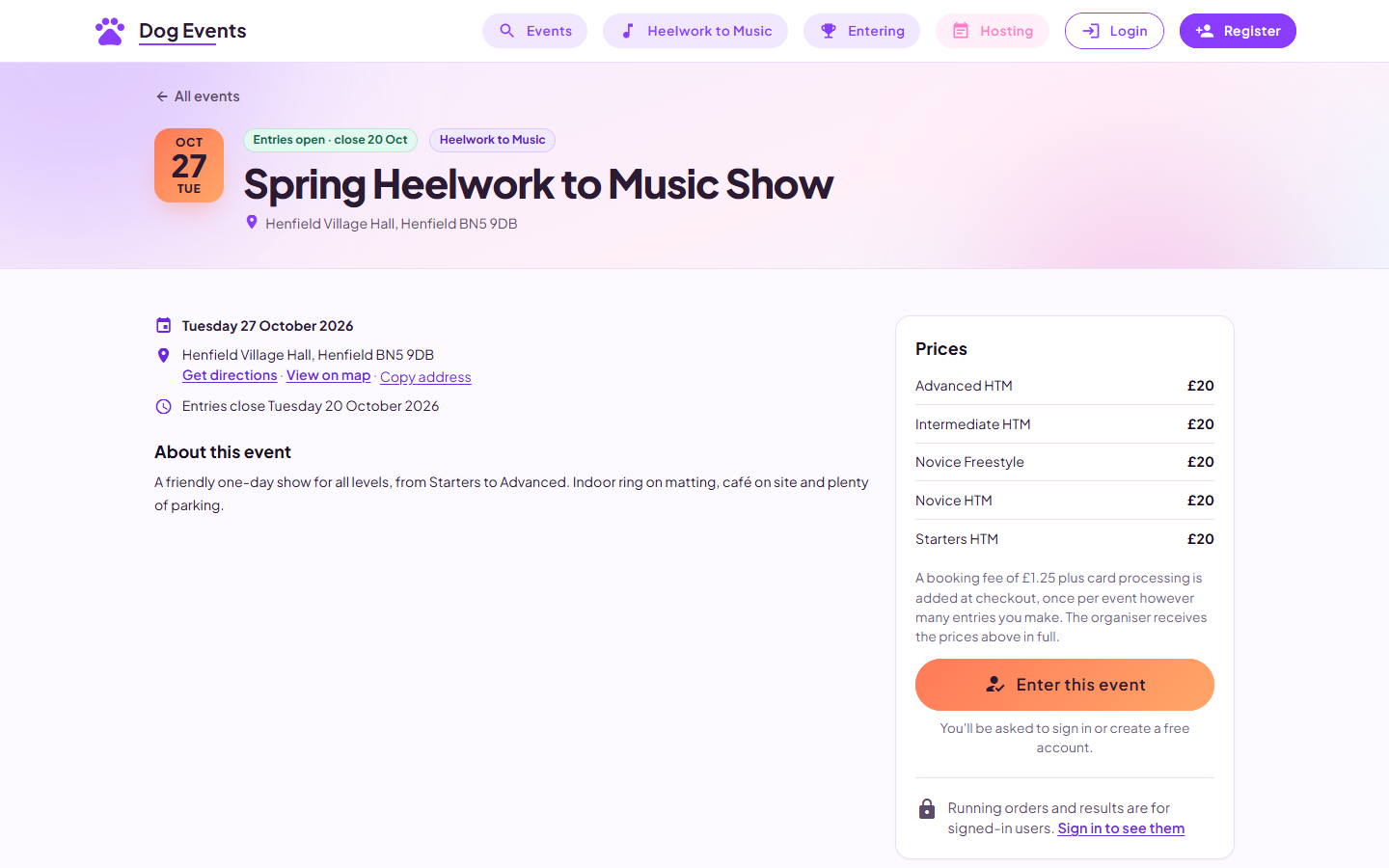 A public event page showing the date, venue with directions, a description, and a prices panel with an Enter this event button