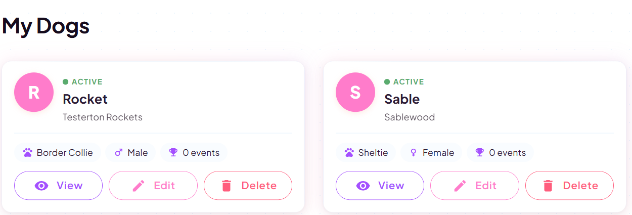 The My Dogs page listing registered dogs as cards