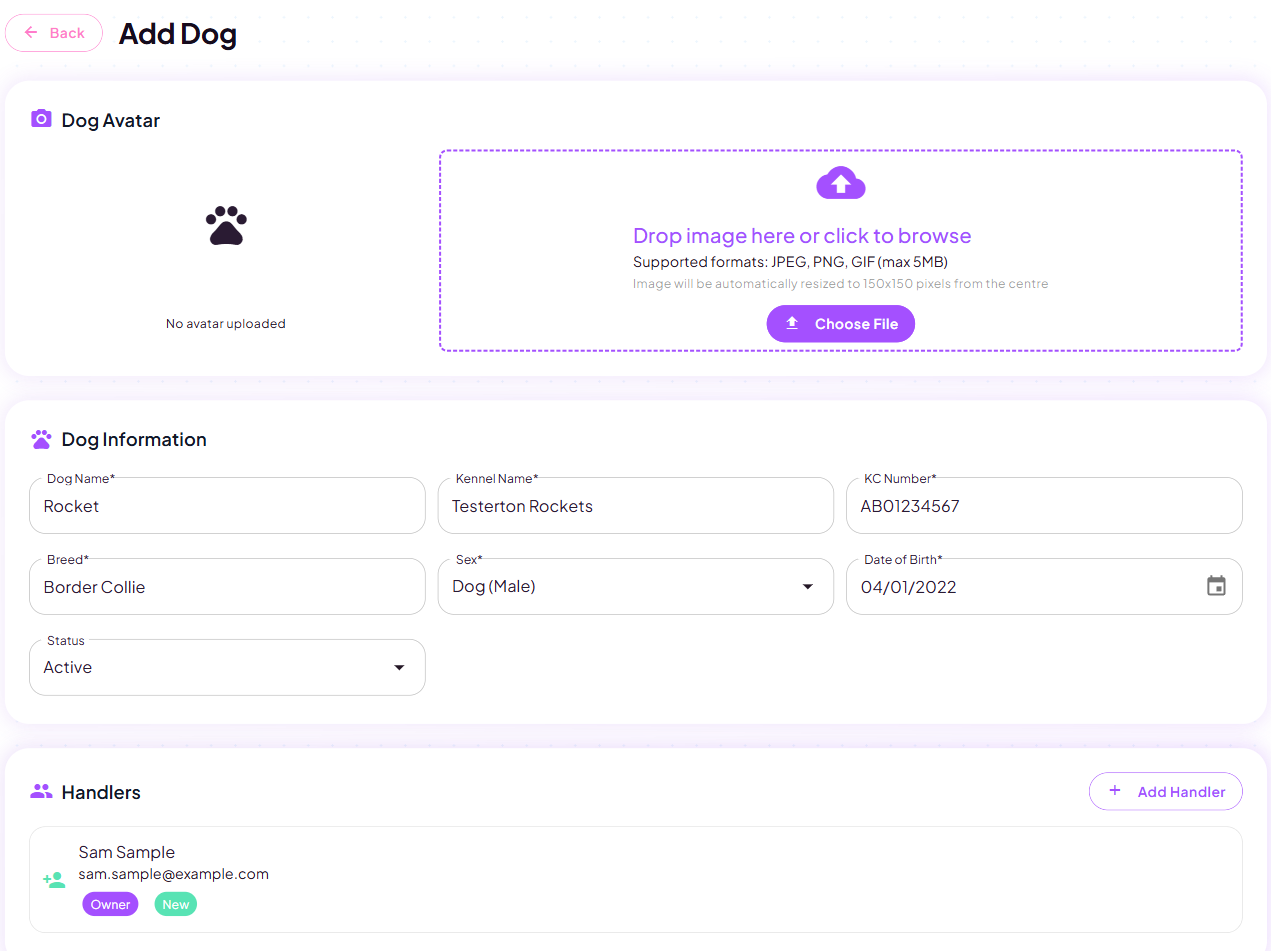 The Add Dog form showing dog name, kennel name, KC number, breed, sex and date of birth, with a handlers section