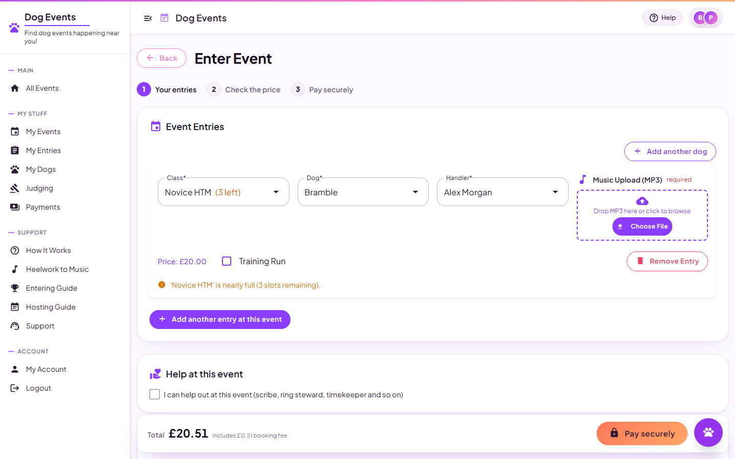 The entry form with a class, a dog and a handler chosen, a music upload box, and the price breakdown starting below