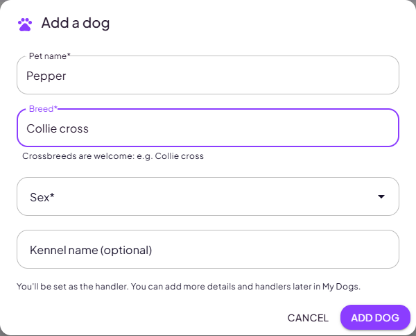 The Add a dog dialog with pet name, breed, sex and an optional kennel name