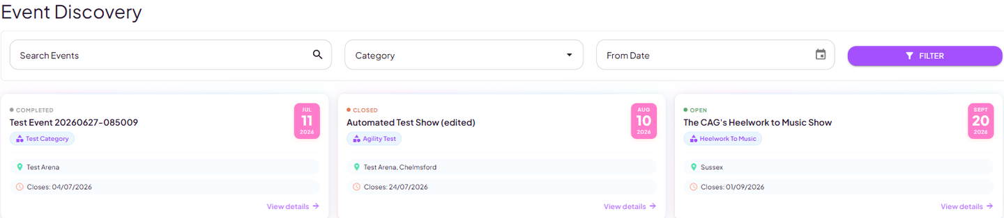 The event search page with search, category and date filters above a grid of event cards