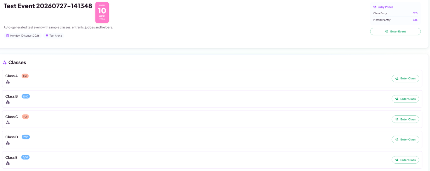 An event page showing entry prices, the class list with capacity counts, and an Enter Event button