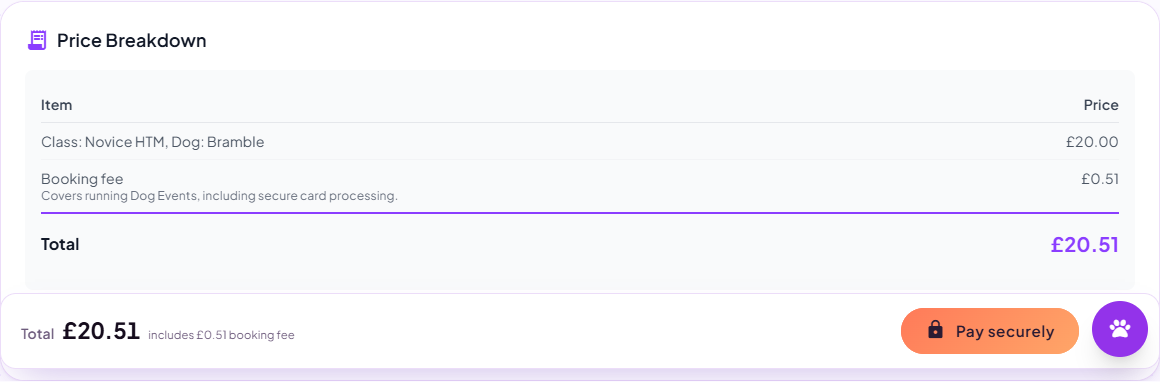 The price breakdown panel itemising the entry, the booking fee and the total