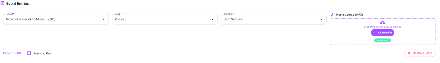 The music upload area of the entry form with an uploaded MP3 file chip