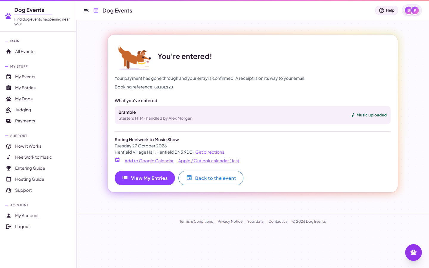 The confirmation page saying You're entered, with the booking reference, the entry and its music status, the venue with directions, and calendar links