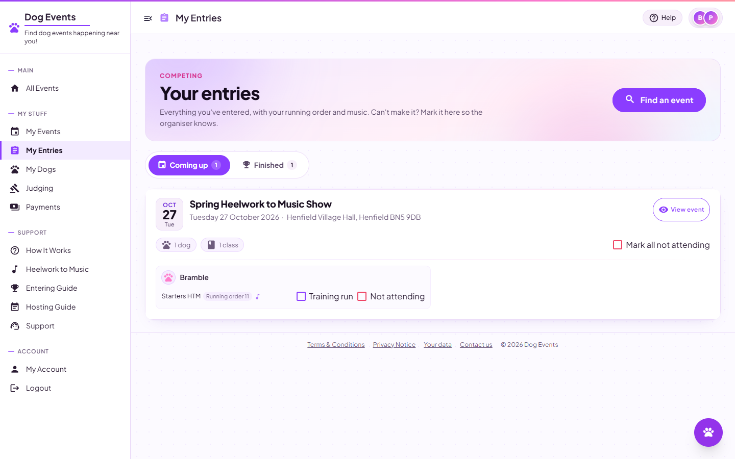 The My Entries page showing entries grouped by event with dog, class and paid status