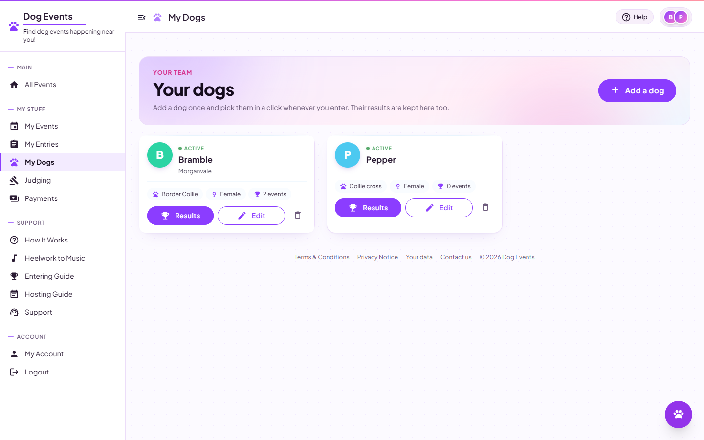 The My Dogs page listing the dogs on the account as cards