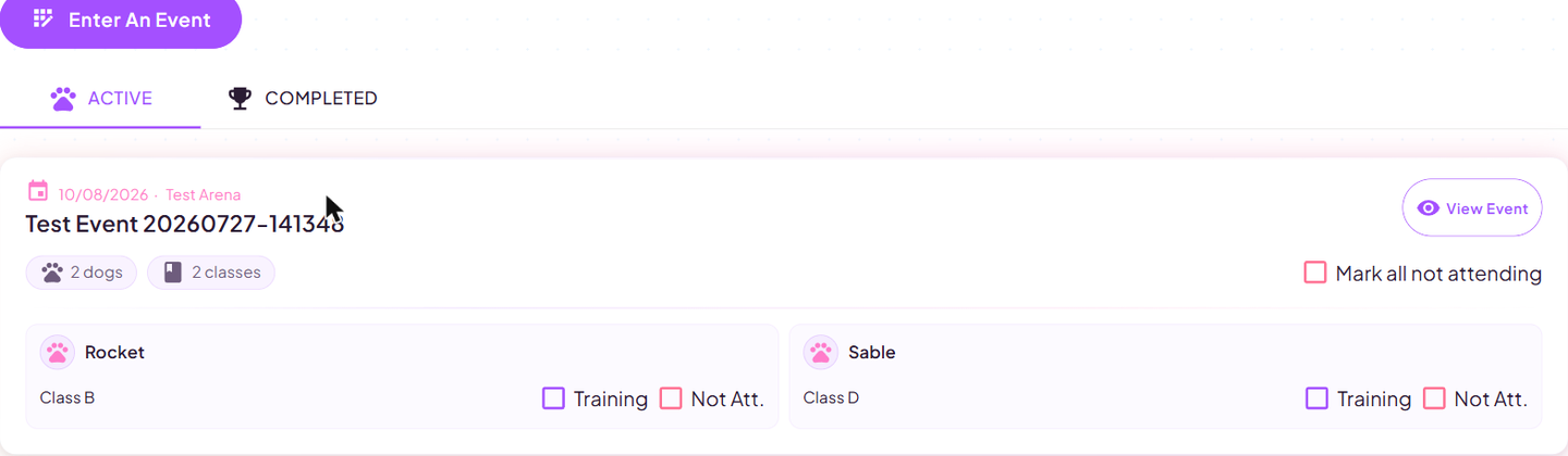 The My Entries page showing active entries grouped by event with dog, class and paid status