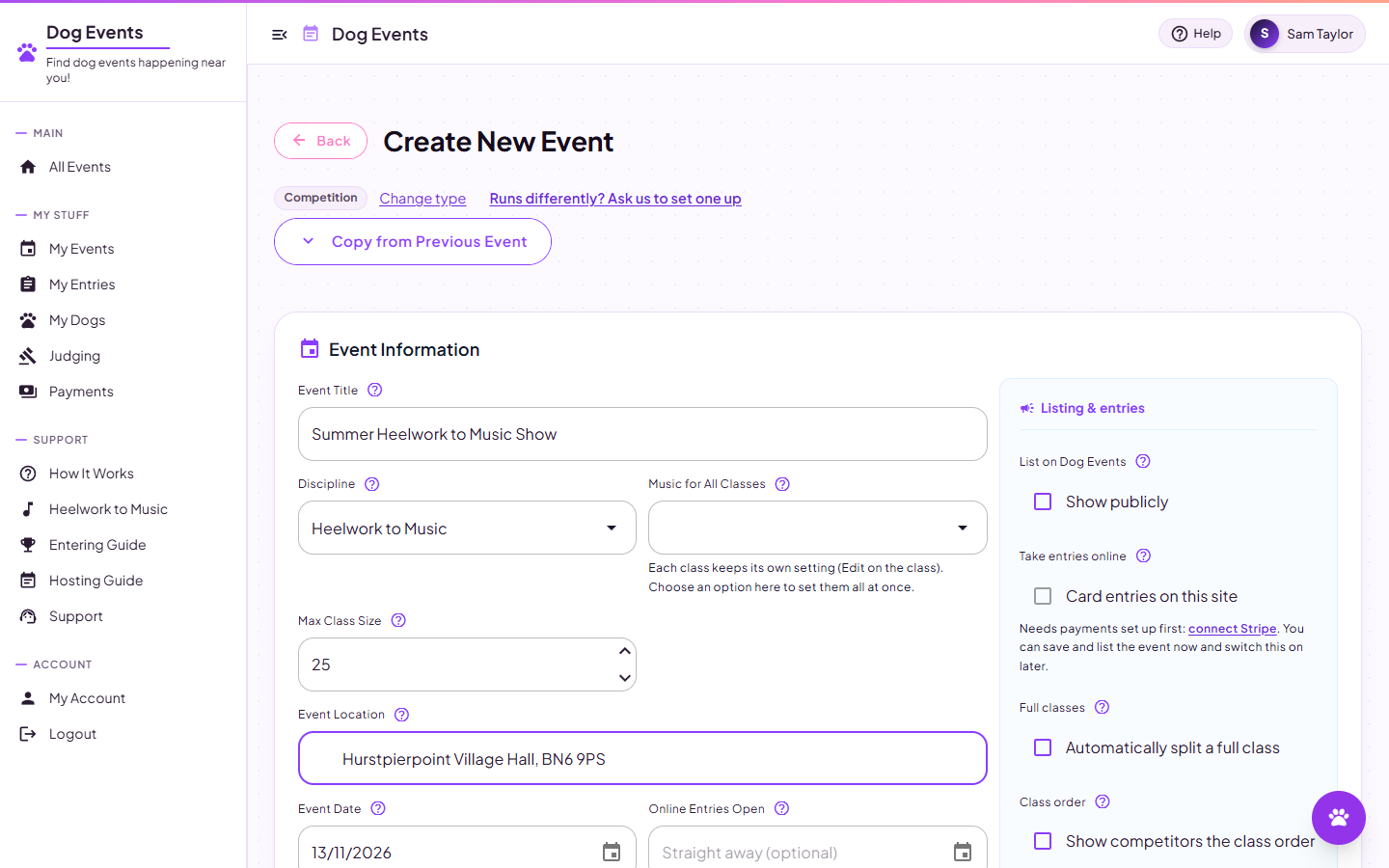 The Create New Event form showing title, discipline, music, class size, location, dates and description, with the Listing and entries panel on the right
