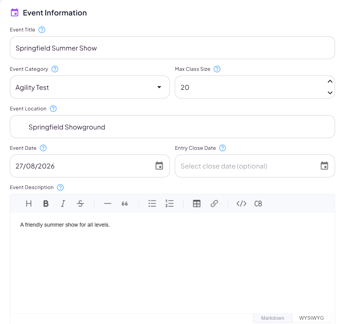 The Create New Event form showing title, category, max class size, location, event date, entry close date and description fields