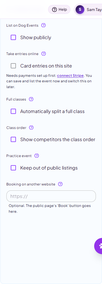 The Listing and entries panel with List on Dog Events and Take entries online switches