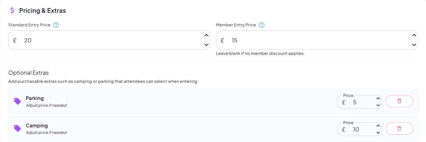 The Pricing and Extras section with a standard entry price, member price, and parking and camping extras listed with prices