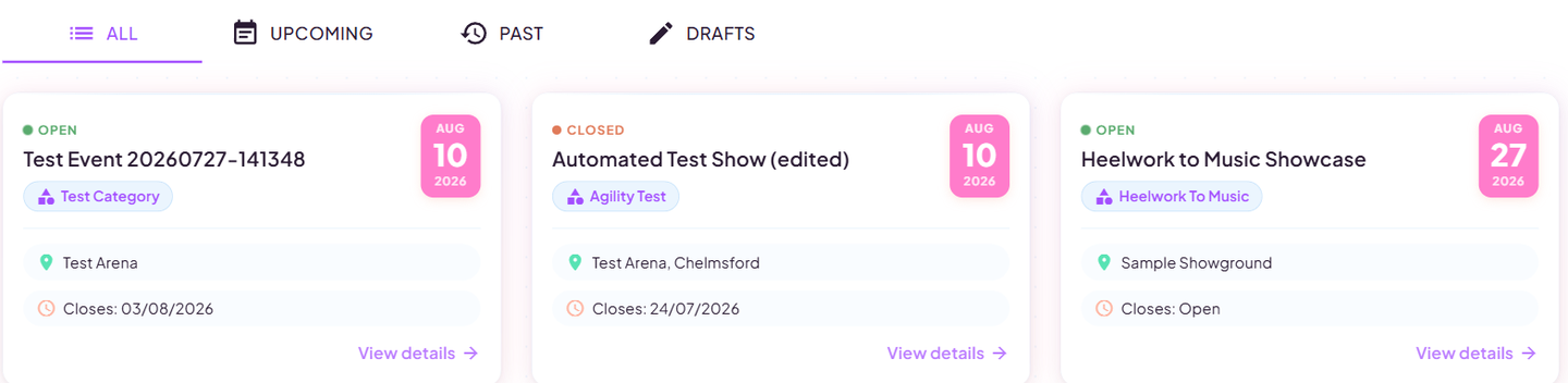 The My Events page with All, Upcoming, Past and Drafts tabs showing event cards