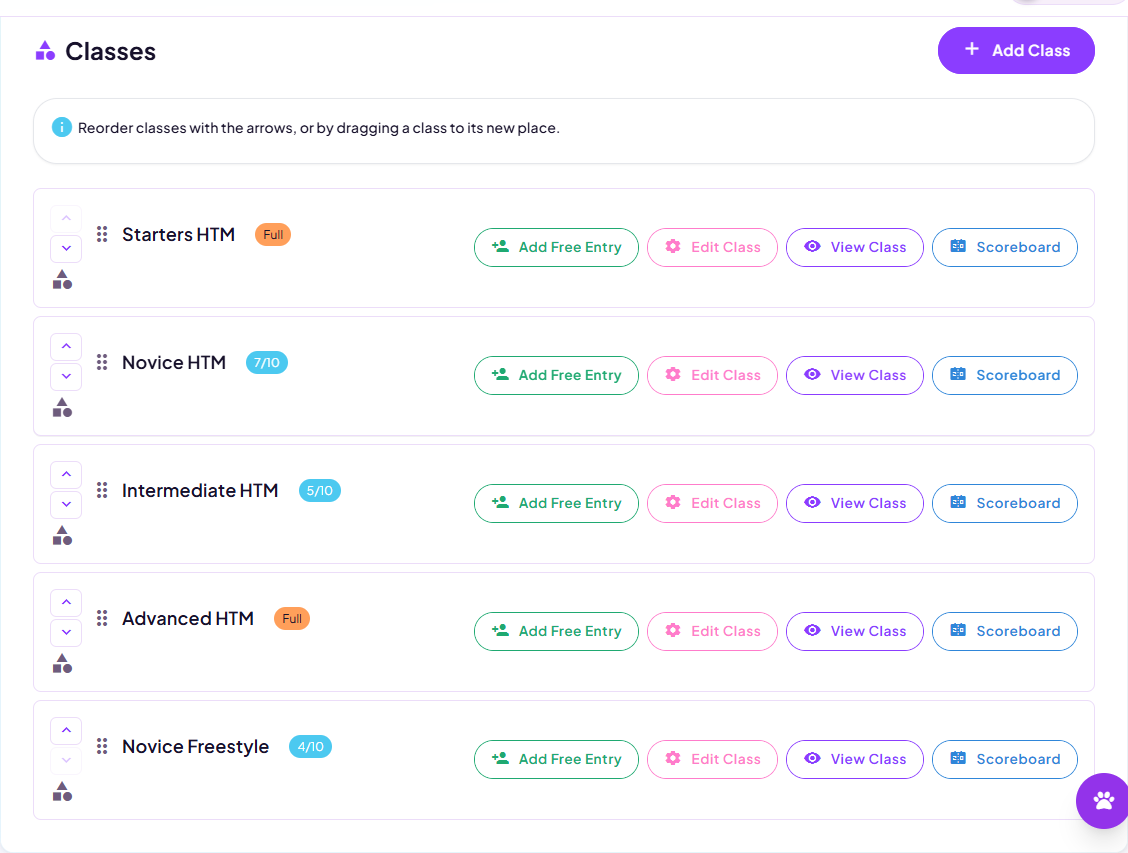 The event's class list, each class with its capacity and Edit, View and Scoreboard buttons