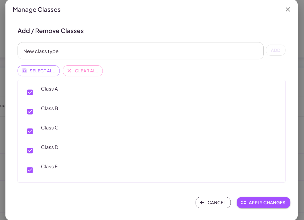 The Manage Classes dialog with a checkbox list of class types and a field for adding a new class type