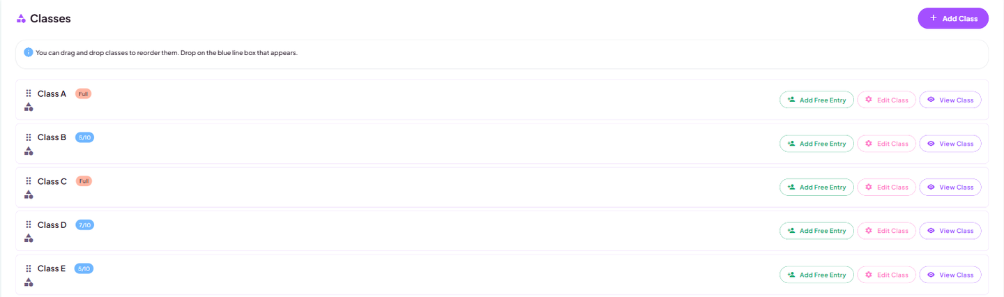 The owner's event page listing its classes with capacity counts and Edit, View and Scoreboard buttons