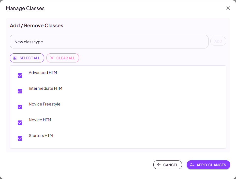 The Manage Classes dialog with a checkbox list of class types and a field for adding a new one