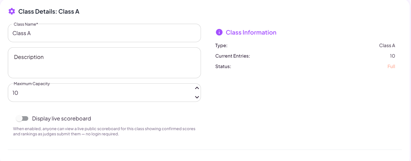 The class edit page showing class name, maximum capacity, a live scoreboard toggle, and judges and helpers sections