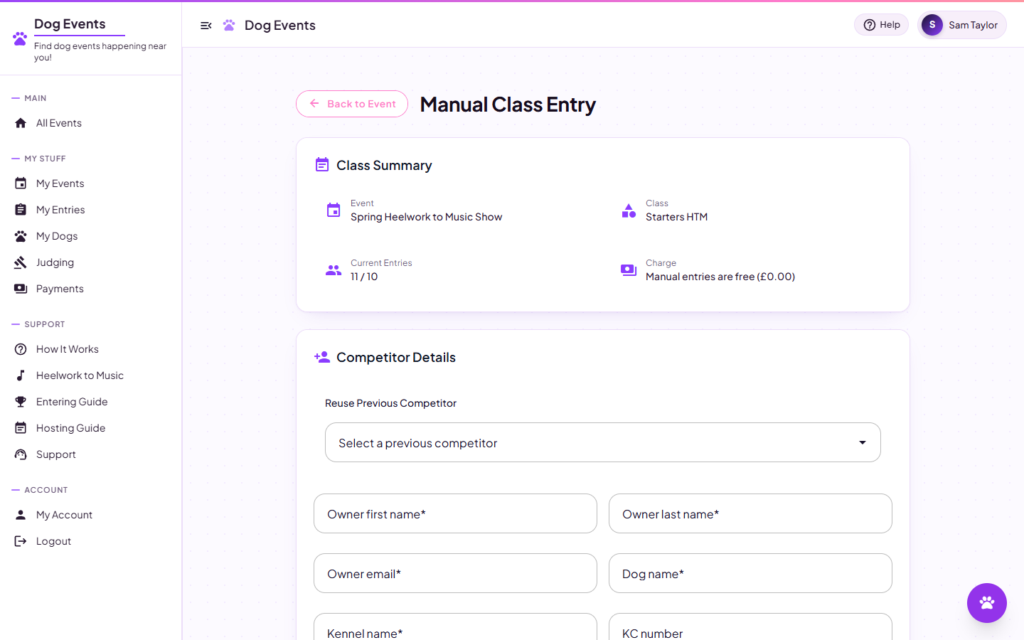 The manual entry form with competitor and dog details