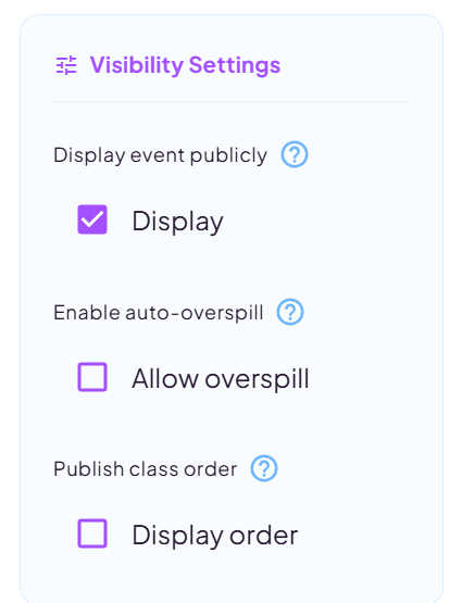 The Visibility Settings panel on an event page with Display, Allow overspill and Display order checkboxes