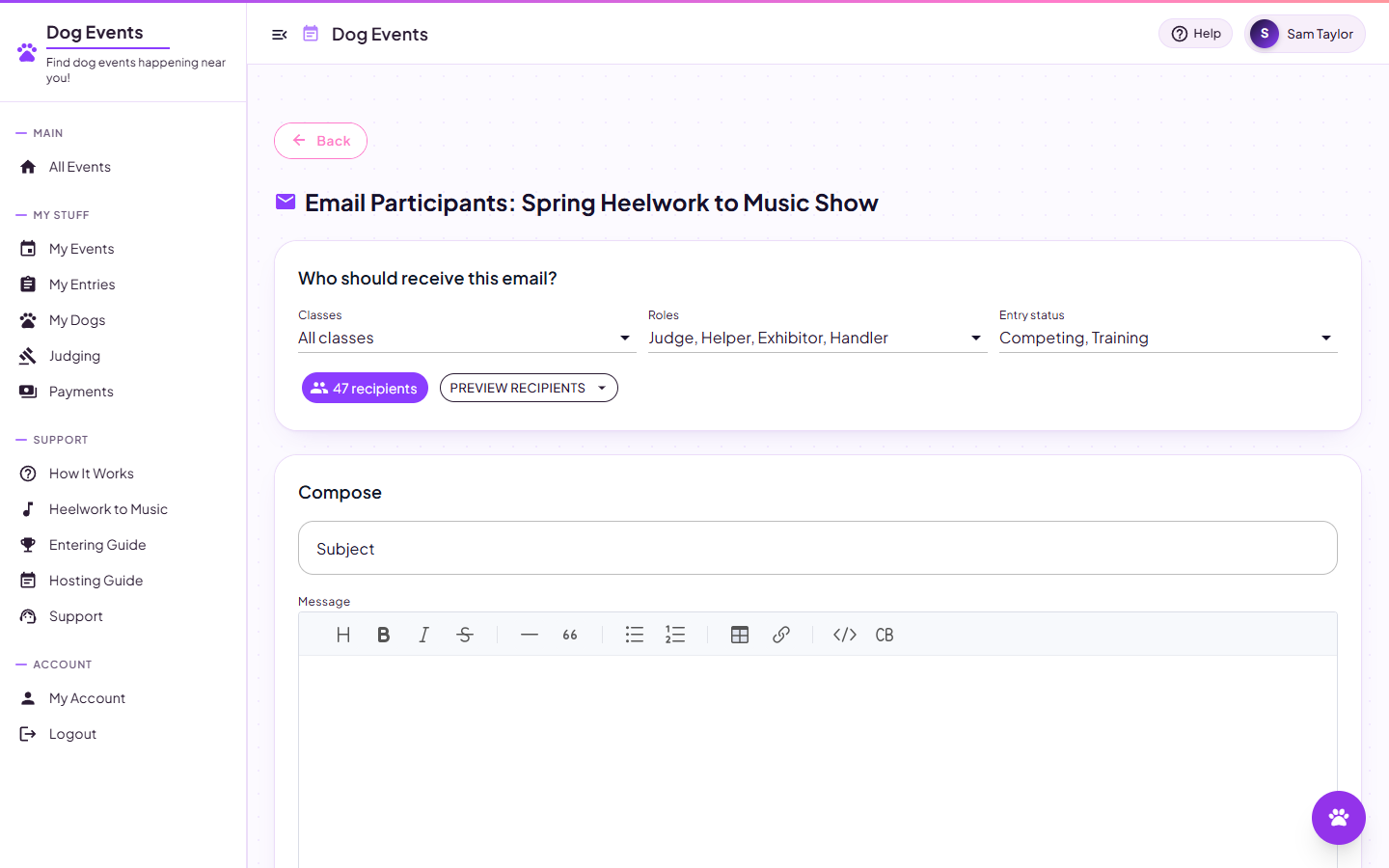 The Email Participants page with recipient selection and a message composer