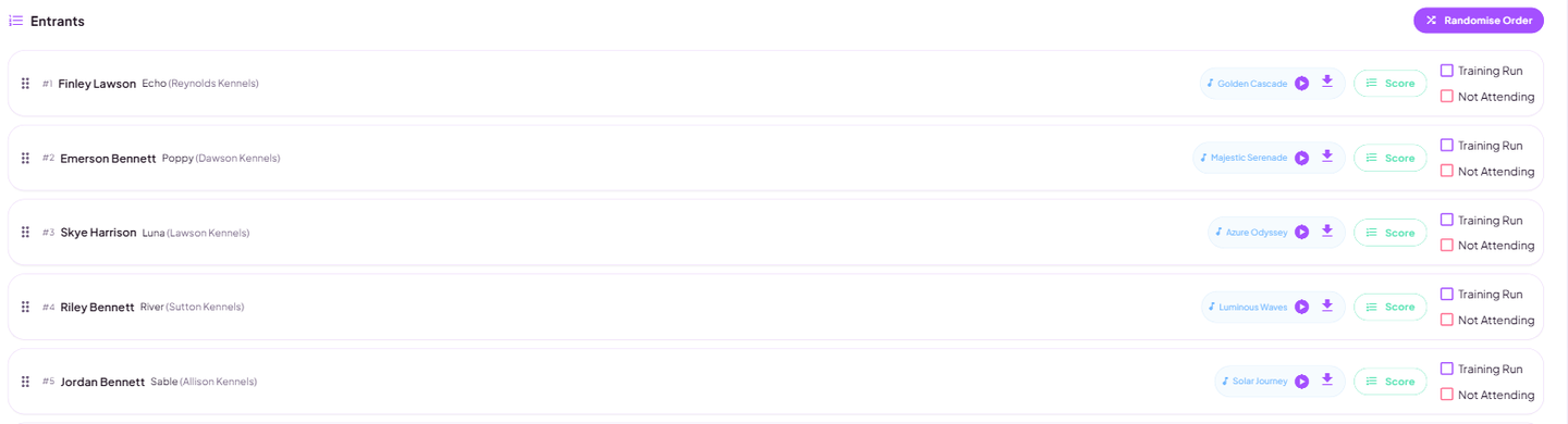 A class page listing entrants in running order with Randomise Order and Score buttons
