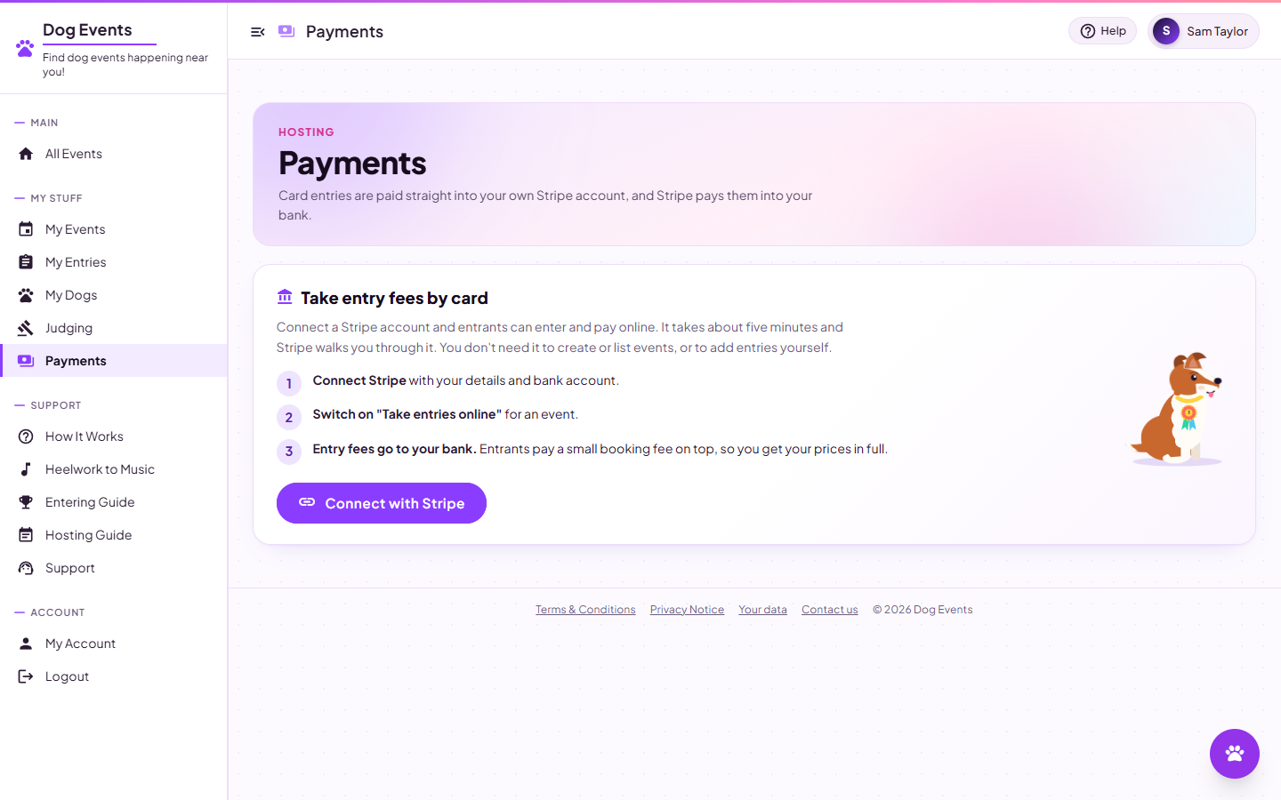 The Payments page with the Connect with Stripe panel