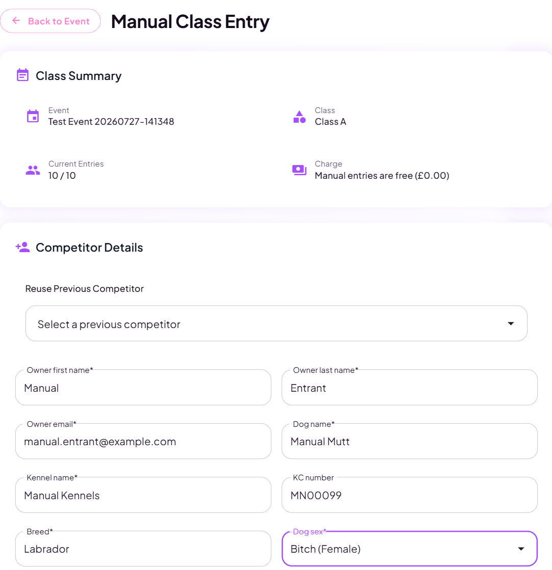 The manual entry form showing competitor and dog details with a note that manual entries are free