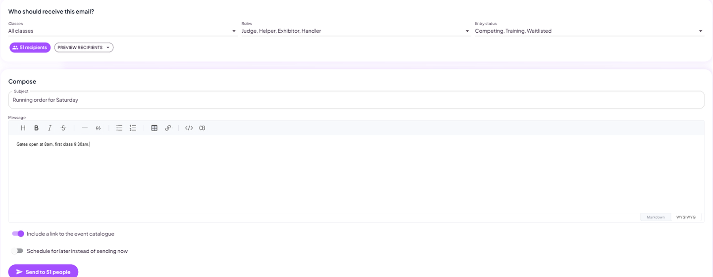 The Email Participants page with recipient selection and a message composer