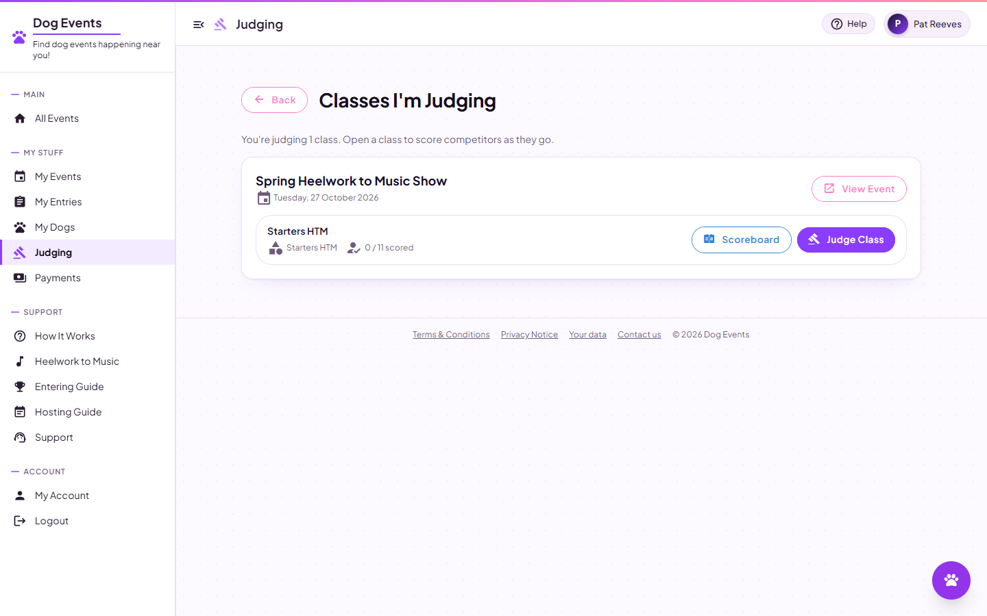 A judge's Classes I'm Judging page with a class, its scored progress and a Judge Class button