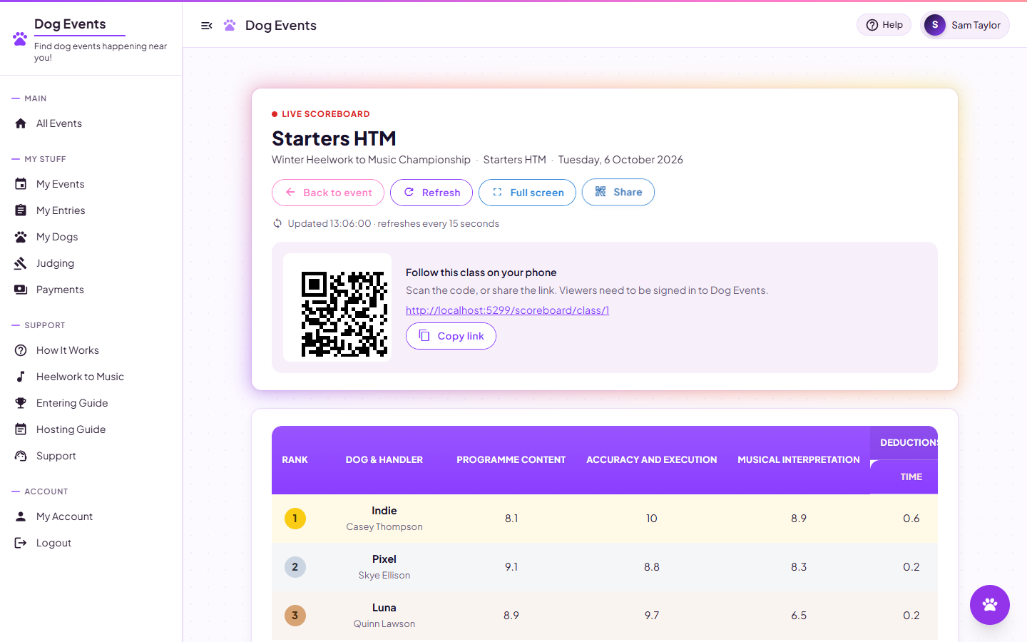 The live scoreboard with the Share panel open showing a QR code and link, above ranked results