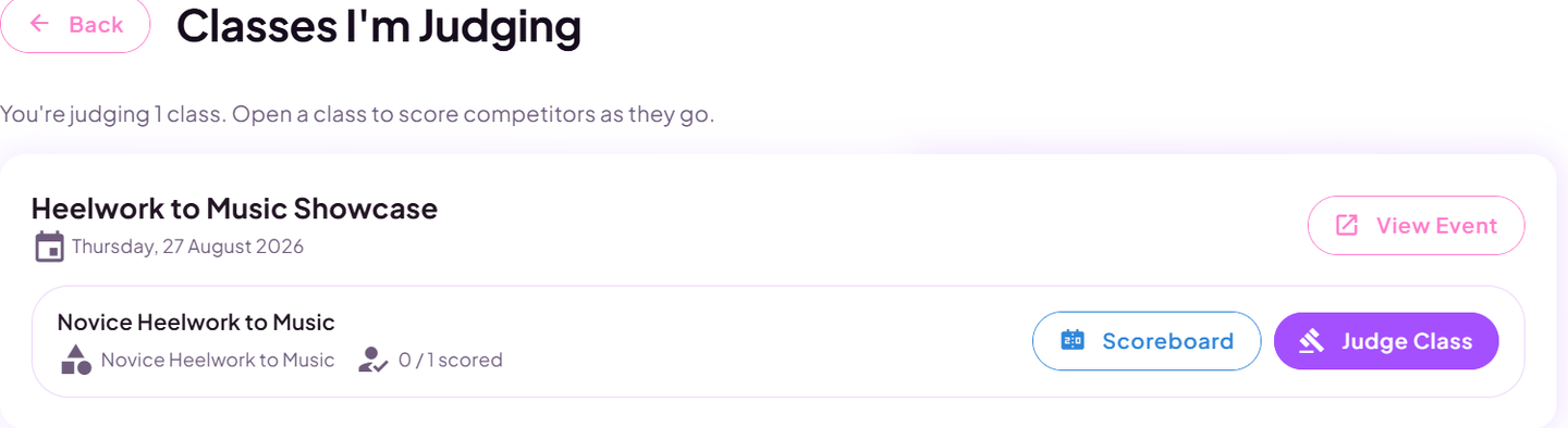 A judge's Judging page listing their classes with scored progress and Judge Class buttons