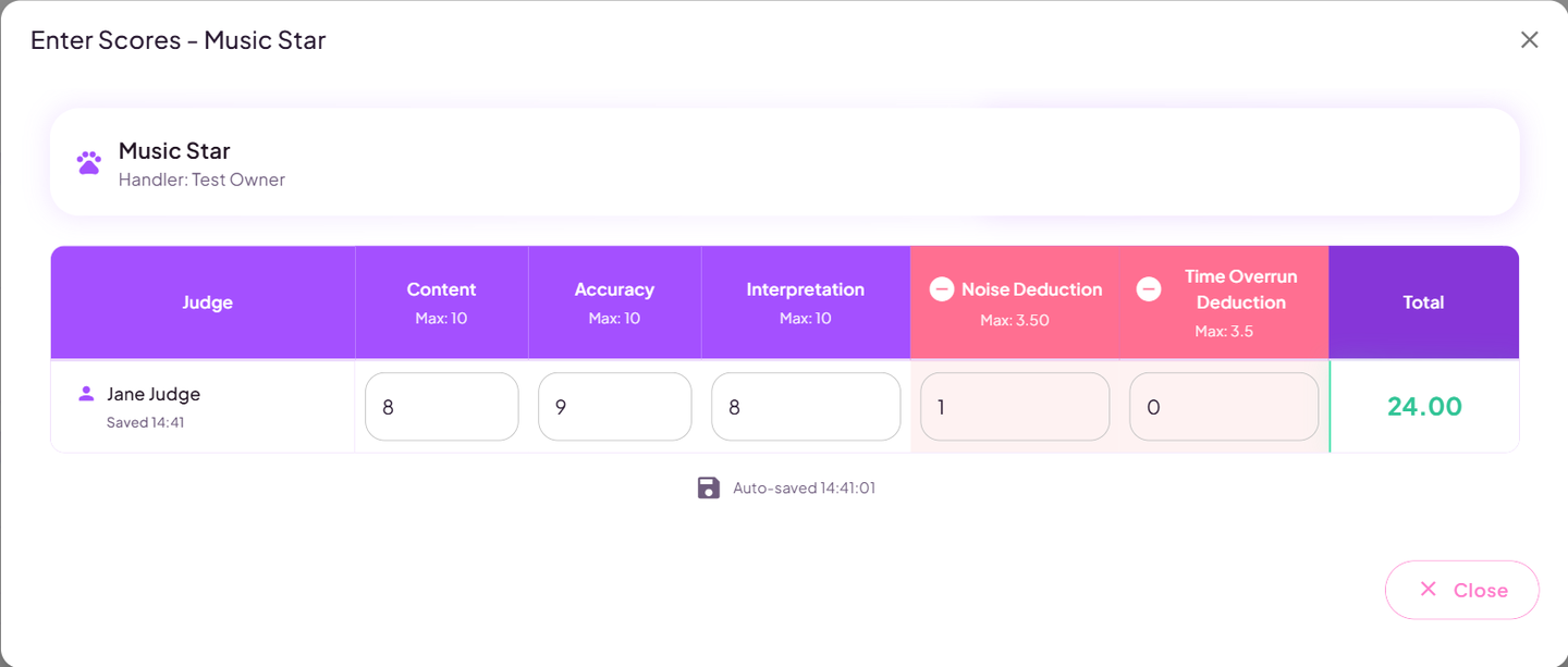 The score entry dialog showing a grid of judges against judging categories with a running total